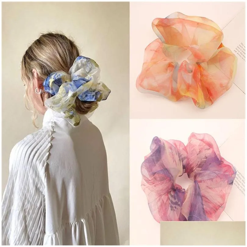 Accessori per capelli Primavera Estate Filato netto Fiocco Scrunchies Grande chiffon Donna Fascia elastica per capelli Porta coda di cavallo Cravatta per capelli Ragazza Goccia Deli Dhxnm