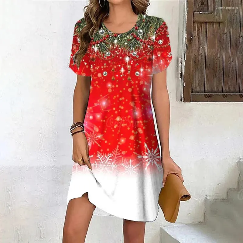 Robes décontractées Fête de Noël Imprimer Mini Robe pour femmes Mode Genou Rue Élégante Manches courtes Femme O Cou Top Pulls