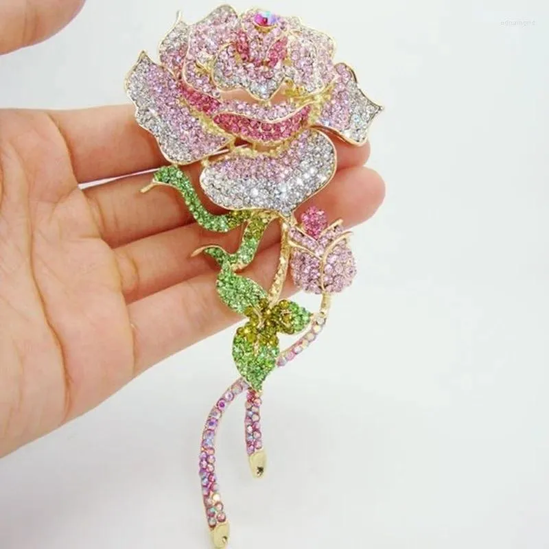 Brooches Delicate Pink Zircon Rose Flower Large Brooch Women Costume Suit Dress Pins Girls Wedding Party Accessories