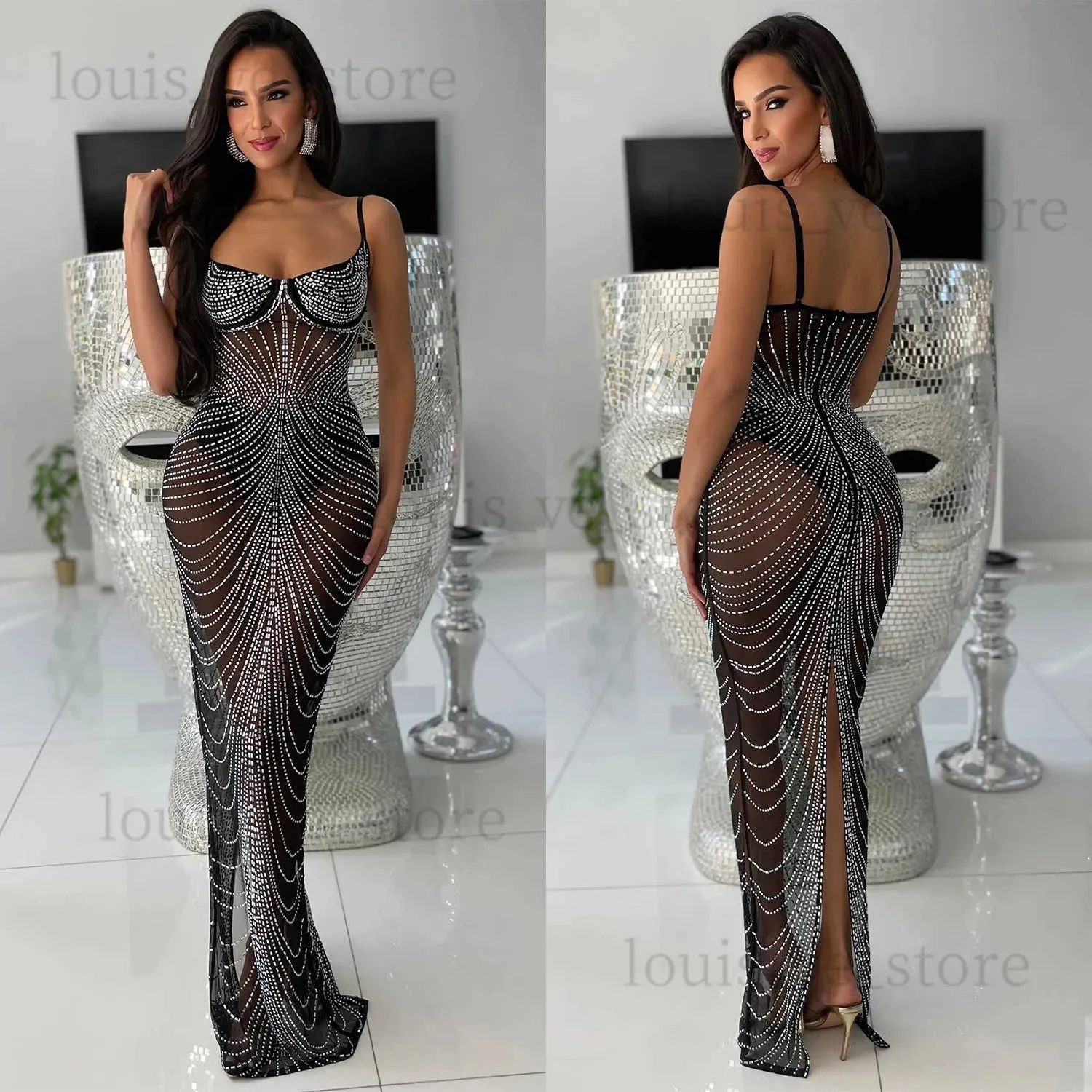 Urban Sexy Dresses 2023 Elegant paljetter Klänning Cocktail Sling V Neck Black Dresses Slit Evening Dresses Party Prom Clown Slim Mesh Normal Vestidos T231202