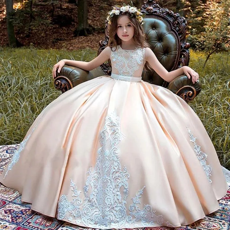 Vestidos de menina champanhe flor branco cetim apliques padrão sem mangas para festa de aniversário de casamento banquete vestidos de princesa