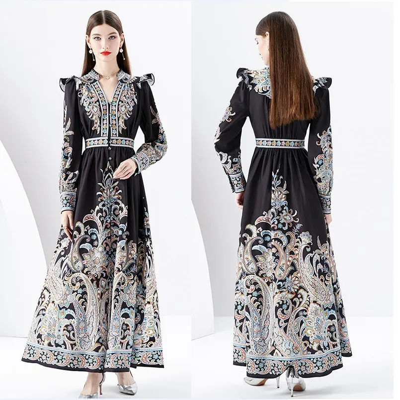 Vintage Paisley Floral Woman Maxi Dress Long Sleeve Black V-Neck Slim Vacation Ruffle Boho Ruched Party Dresses Robe 2023 Spring Fall Elegant Runway Designer Frocks