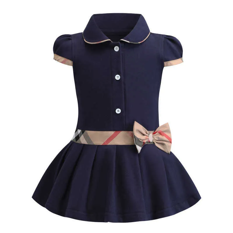 spring and summer new girls' short-sleeved dress Pearl cotton color contrast check bow small and medium-sized children's skirt