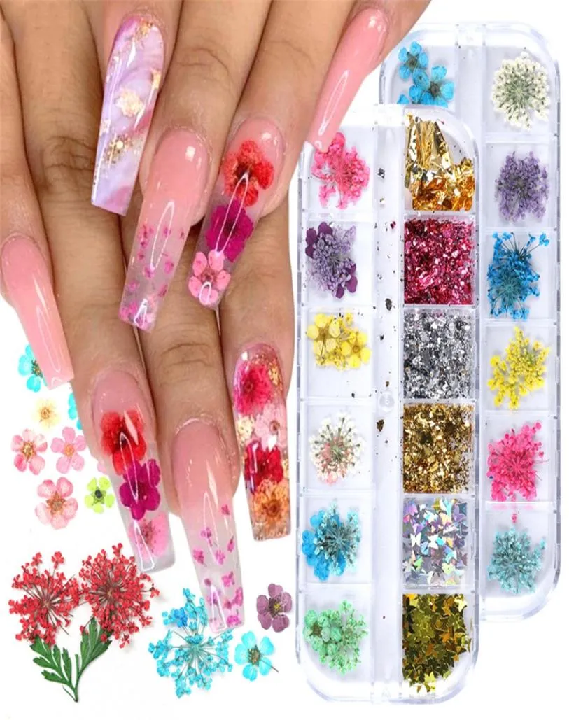 Nagelklistermärken verkliga naturliga torkade blommor naglar konstpaket leveranser 3D Applique Manicure Decoration Sequin Glitter DECALS FÖR TIPS DE6288218