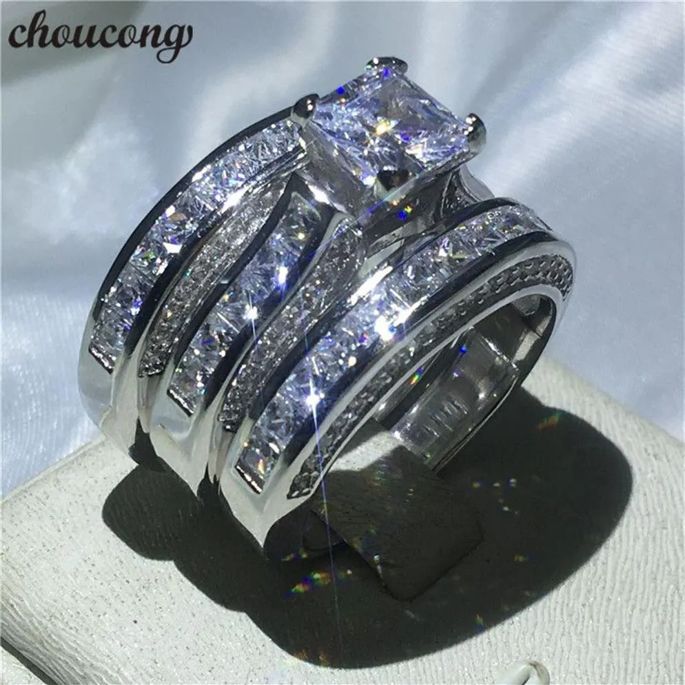 Choucong feminino masculino jóias 3-em-1 anel de casamento 14kt branco amarelo ouro cheio princesa corte diamante banda de noivado anéis288z