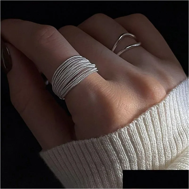 Band Rings Sterling Sier Unique Lines Rings For Women Jewelry Finger Adjustable Open Vintage Ring Party Birthday Gift Drop Delivery Je Dh1Um