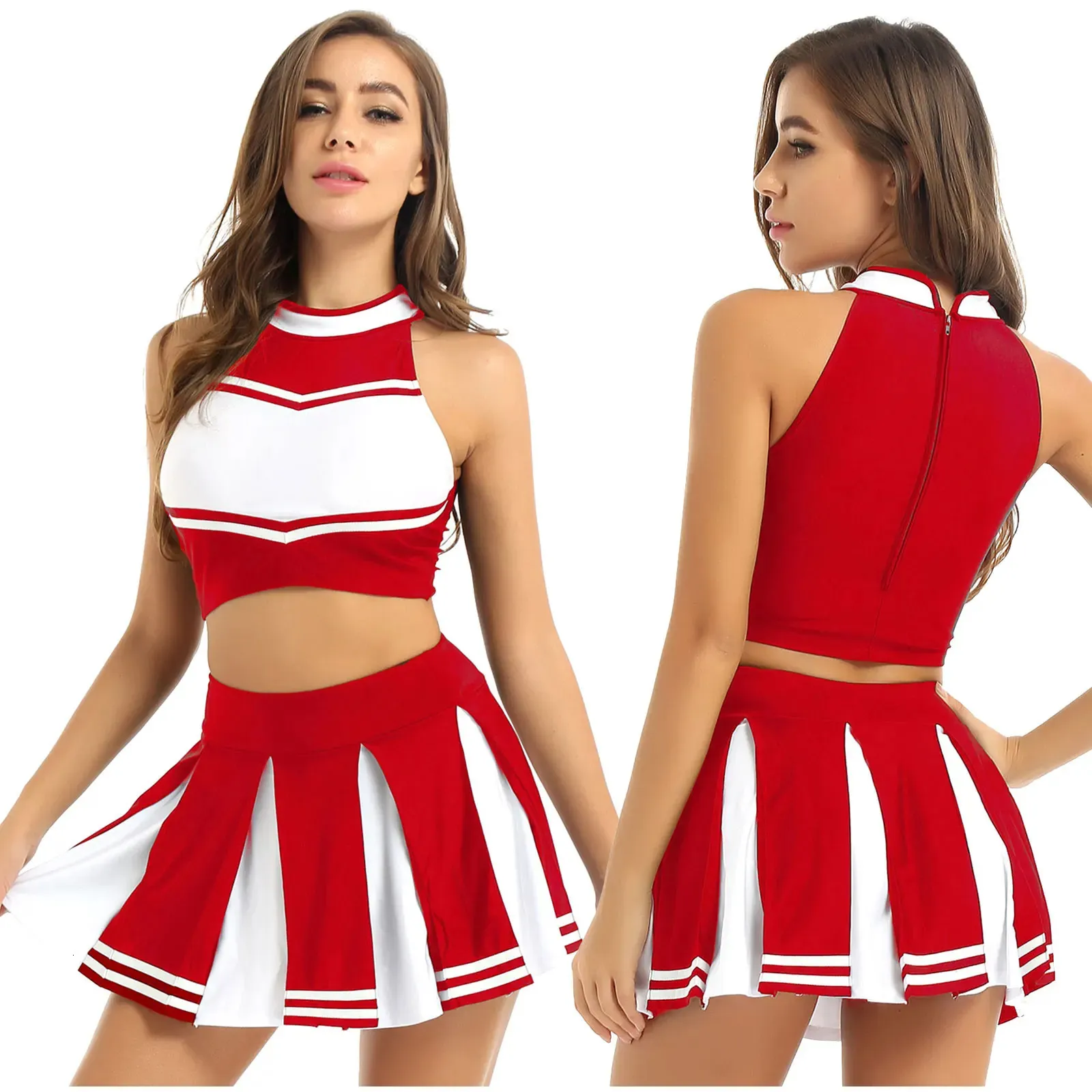 Cheerleading 2Pcs Womens Adults Cheerleading Costume Uniform Carnival Cosplay Outfit Stand Collar Sleeveless Crop Top with Mini Pleated Skirt 231201