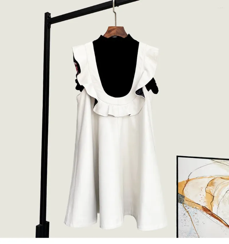فساتين غير رسمية ربيع الخريف مصممة للسيدات عالية الجودة من الجلد الأصلي ، فستان الكشكشة الحلو F004