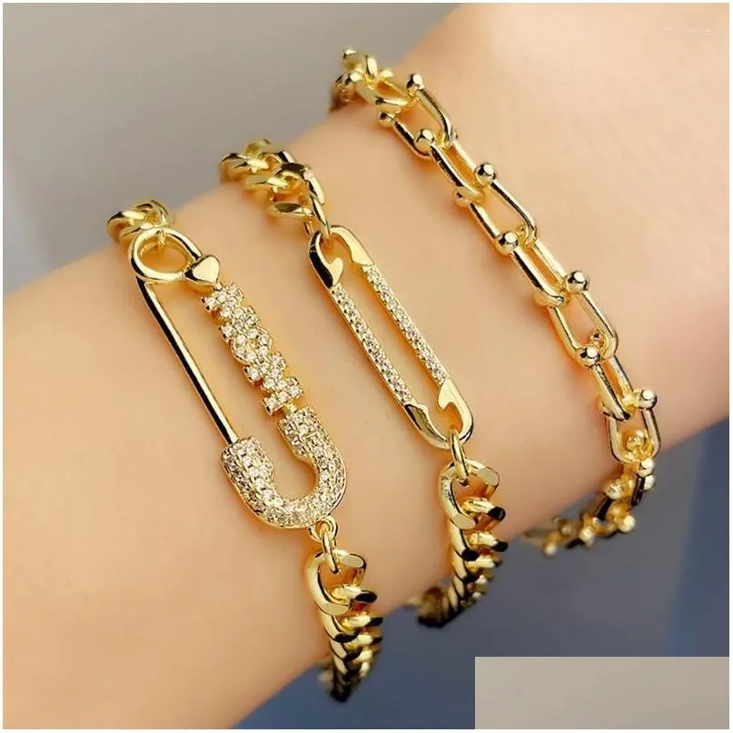 Chaîne Link Gold Curb Safety Pin Bracelets Bracelets pour femmes Chunky Cubain Poignet Cz Pave Gros Bijoux Drop Livraison Otjlf