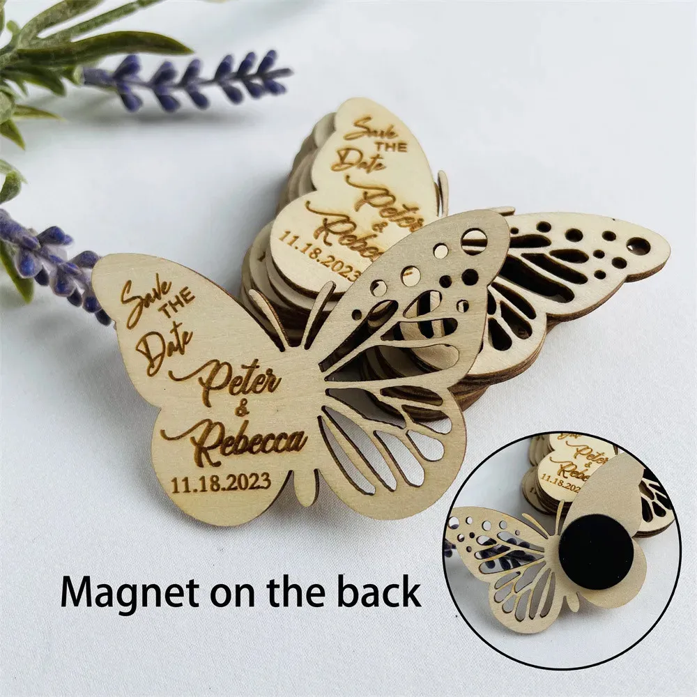 Andere Event-Party-Zubehör, personalisierter Name, Schmetterling, Save-the-Date-Magnete, rustikale Holz-Brautpartybevorzugung, Hochzeitseinladung, Geburtstagsfeier, Etikettenanhänger 231202