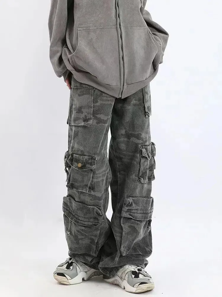 Dżinsowe dżinsy American Camouflage Pocket Women Women Y2K Hip Hop Fried Street szeroka noga kombinezon para swobodne luźne spodni 231201