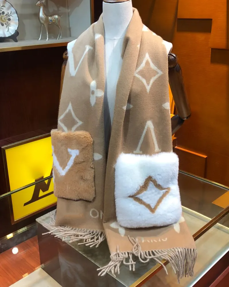Teddy Fluffy's sjaal Designer Cashmere Herfst Winter Vrouw Sjaal met Warm Konijnenhaar Zak Echarpe Luxe Sjaal Draag hijab weote G5