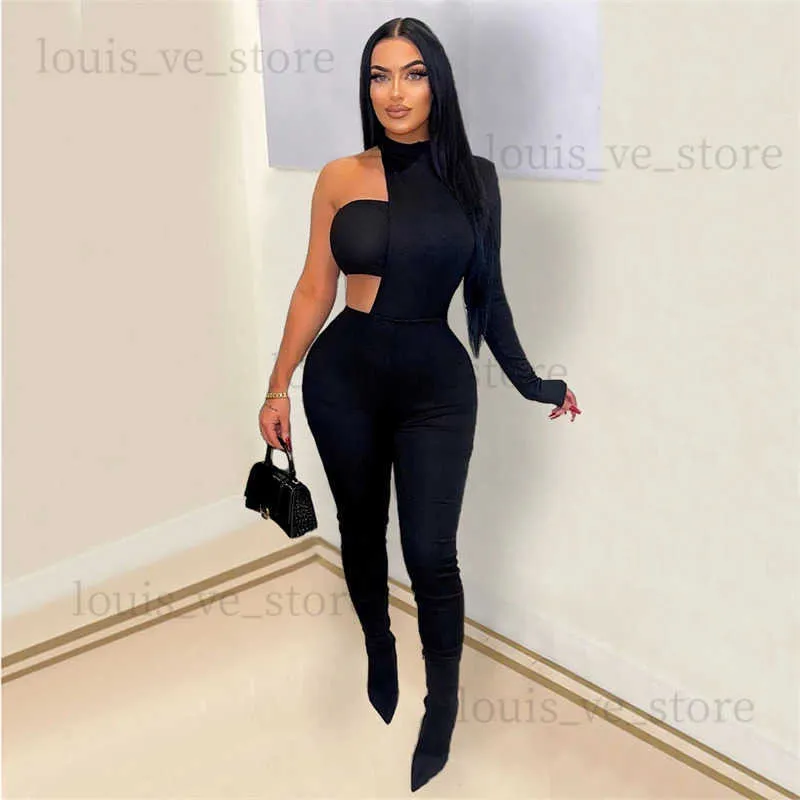 Kobiety Jumpsuits Rompers Solid Women Jumpsuits z rurką Top Sexy wycięcie golf jednym ramię długie rękawie chude kombinezon wiosna letnie rompers t231202