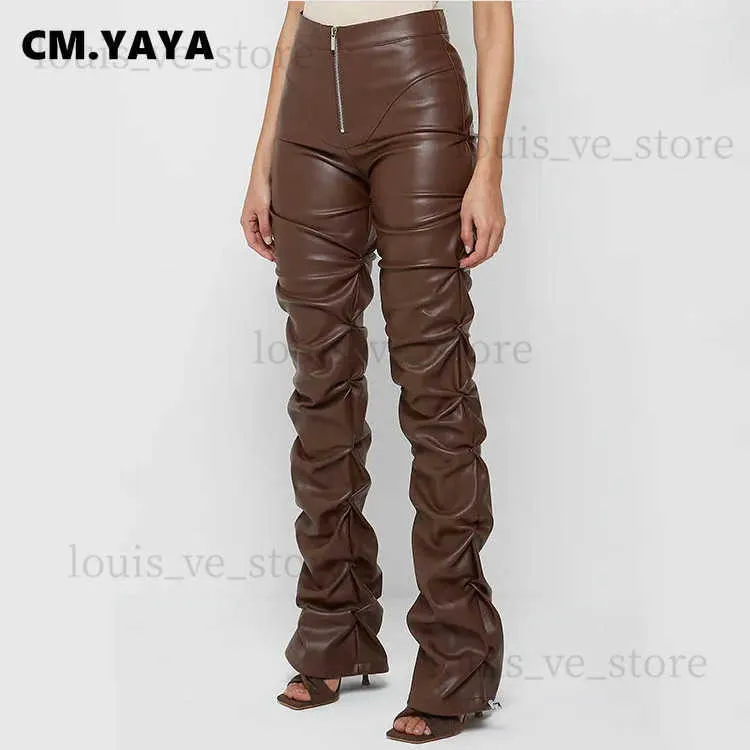 Pantalons Femmes Capris CM.YAYA Skinny pleine longueur mi-cuir PU plissé femmes bas pantalons pantalons empilés 2022 automne décontracté mode hiver T231202