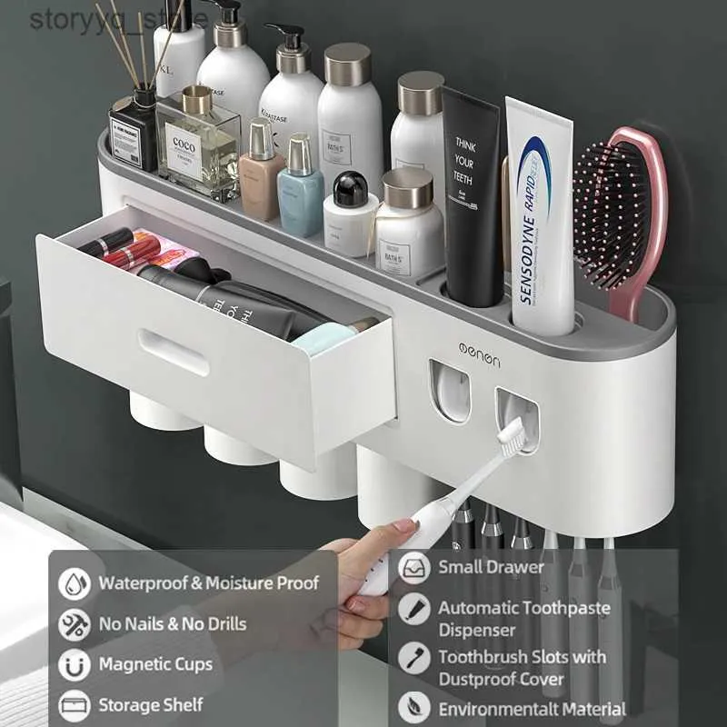 Toothbrush Holders No-punch toothbrush Holder with Cup 1/2/3 4/5 Cup Toothpaste squeezer Toothpaste dispenser Makeup rack Bathroom accessories Q231202