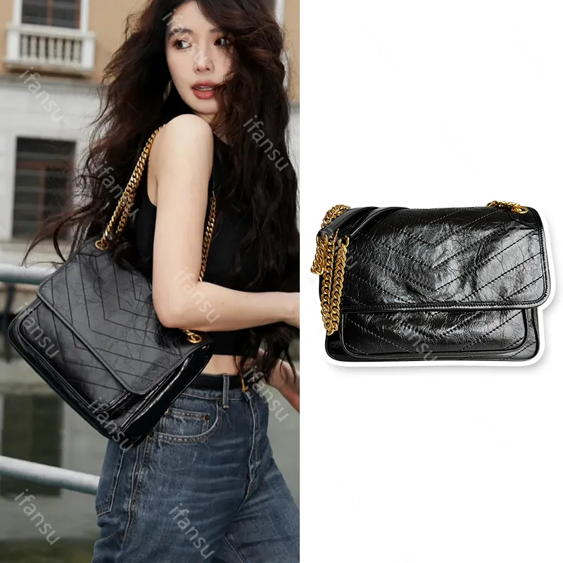 Niki Chain Luxury Luxury Design Wrinkled Leather Women's Classic Fashion Clamshell Messenger Bag Quilted High Quality Single Shoulder Crossbody Bag