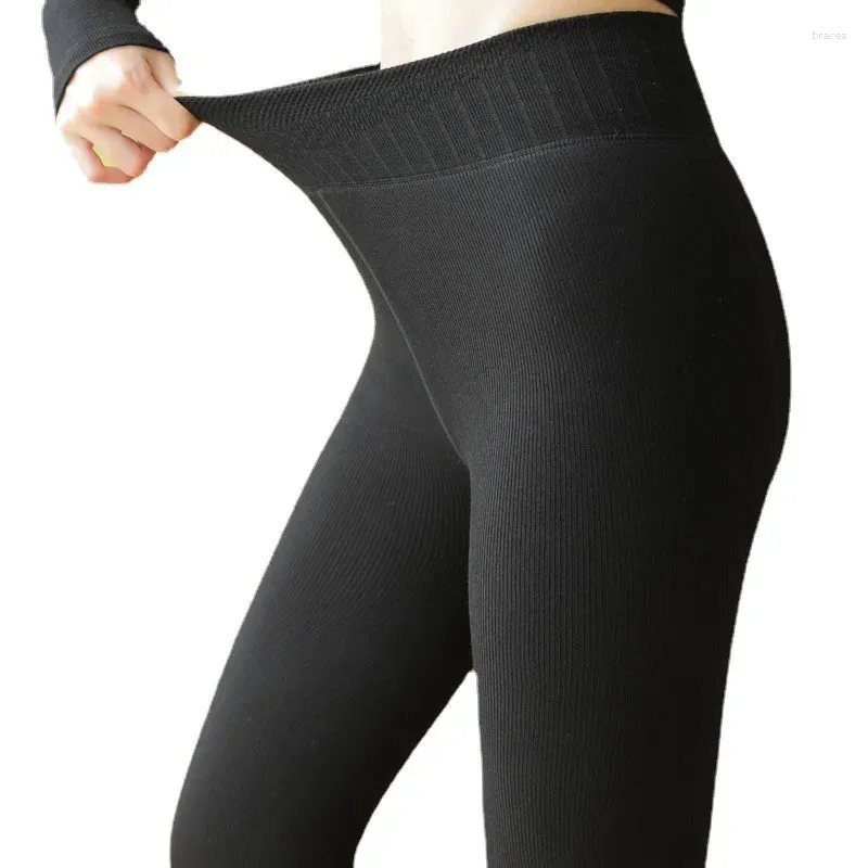 Leggings da donna 2023 Autunno-Inverno spesse strisce verticali in cotone a vita alta e pantaloni in pile 220g/330g