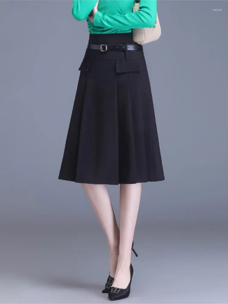 Skirts Womens Pleated Black Suit Skirt With Belt Spring Autumn Zip Fashion High Waisted Women Work Wear Jupe Femme