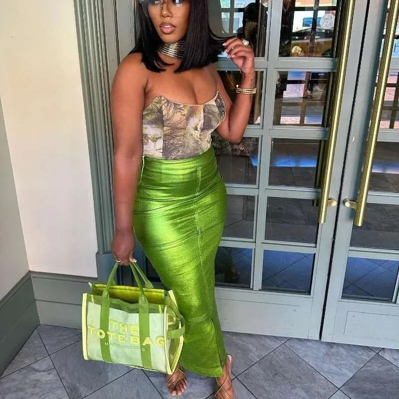 Y2k Womens High Waist Back Slit Metallic Green Maxi Skirt Shiny A Line Clubwear From Luo04 11.39 DHgate.Com