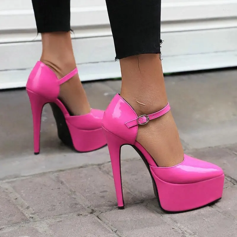 Taglia Sandali Grandi 47 48 Punta a punta Colore rosa brillante Donna sexy Mary Jane Décolleté Cinturino con fibbia Piattaforma Tacchi alti sottili Stiletto 599