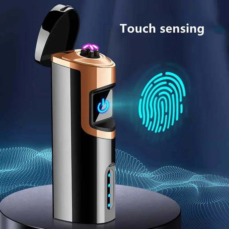 Laser Touch Sensing LED Power Display Electric Metal USB Lighter Outdoor Windproof Plasma Pulse Double Arc Ignition Tool