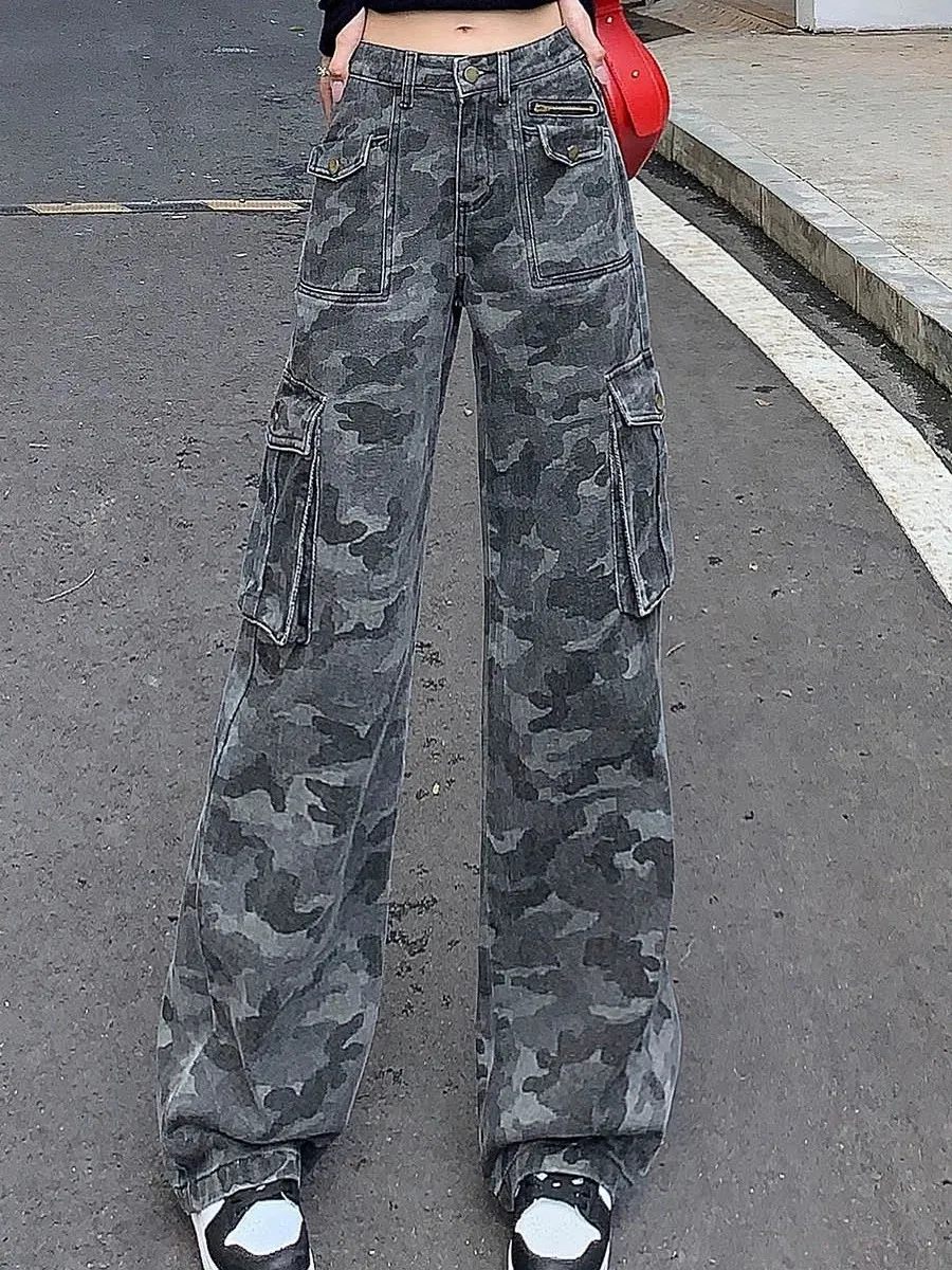 Jeans pour femmes American Retro Camouflage Cargo Pantalon Y2K Taille haute Slim Design Sense Niche Lâche Droite Street Fashion 231201