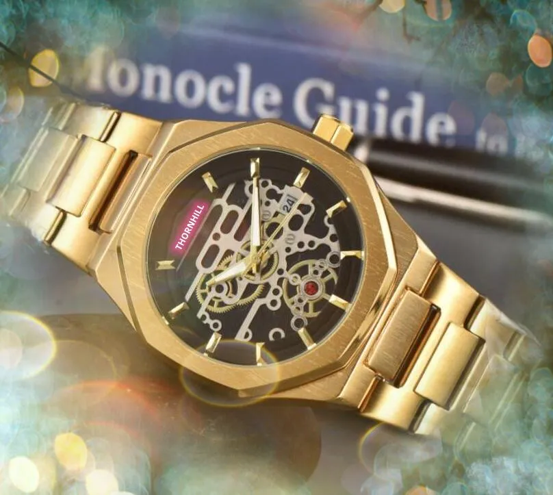 Relógio de quartzo com mostrador de esqueleto oco, aço inoxidável, super seis pinos, relógio de trabalho masculino, anel de diamantes, à prova d'água, data automática, cronômetro, montre de luxe
