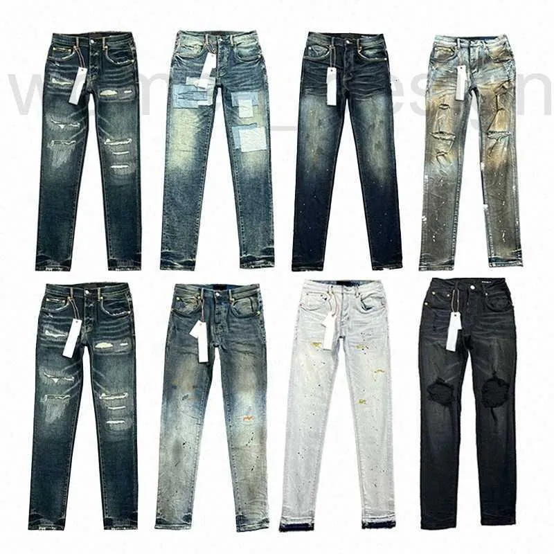 Männer Jeans Designer Luxus Jeans Männer Frauen Hosen Lila High Street Lila Retro Paint Spot Slim Füße Micro Elastic Hip-Hop Reißverschluss Loch P Y6S7 # BDTW