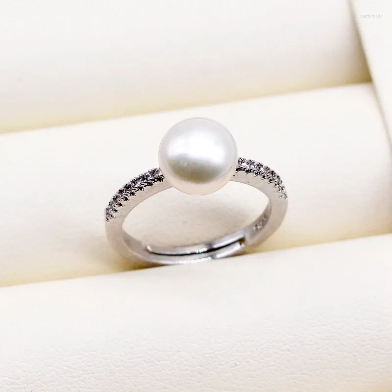 Cluster-Ringe, einfacher Perlenring, 7–8 mm, natürlicher Süßwasser-Damen-Silber-Mehrfarben-Zirkon, verstellbar