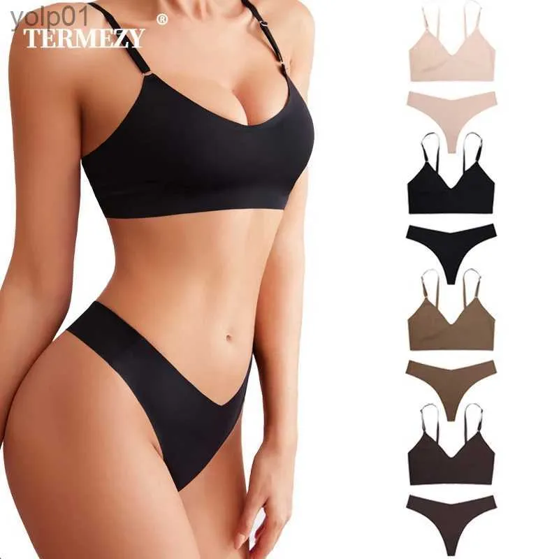 TERMEZY Vrouwen Naadloze Bh Set Sexy String Lage Taille Slipje Draad Beha Bralette Lingerie Draadloze Beha Fe OndergoedL231202