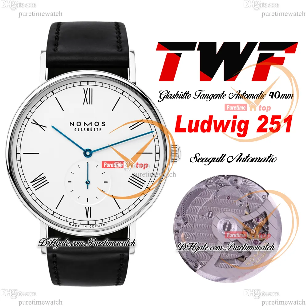 Nomos Tangente Ludwig 251 Автоматические мужские часы TWF 40 мм Стальной корпус Белый циферблат Римские маркеры Черный кожаный ремешок Немецкий бренд Super Edition Reloj Hombre Puretime A1