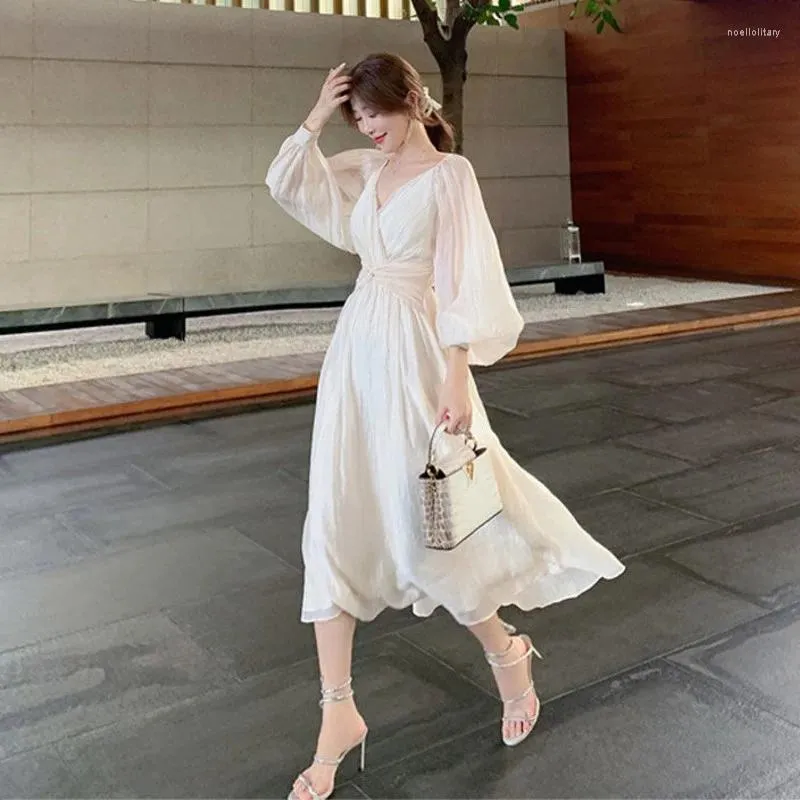 Casual Dresses 2023 Spring Style Gentle Chiffon Summer Sundress Maxi Shift Dress White Elegant Fairy Chic kjol Kvinna för kvinnor