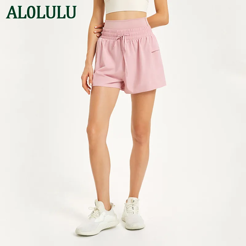 AL0LULU Mit Logo Schnell trocknende Sportshorts für Damen, dünne, lockere Lauf-Fitnesshosen, hoch taillierte Yogahosen