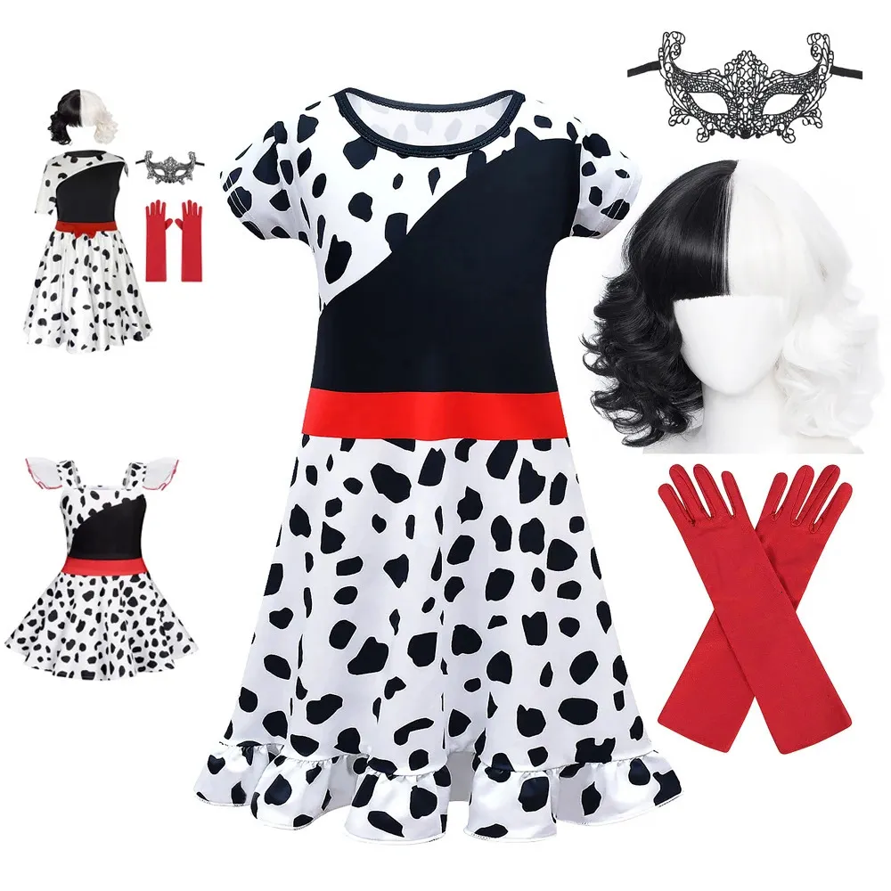 Robes de fille Jurebecia Cruella Costume pour filles Halloween Cosplay Robe Speckle Print Enfants Fantaisie Party Dressing Outfit 231202