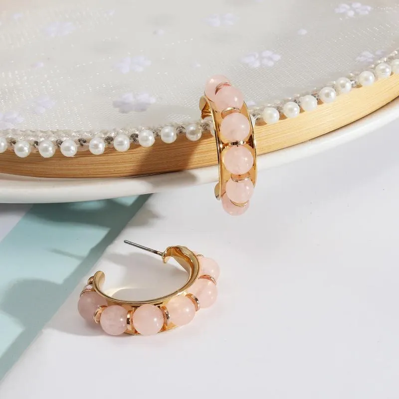 Boucles d'oreilles à tige avec chaîne perlée, petite pierre ronde naturelle rose, lettre C pour femmes