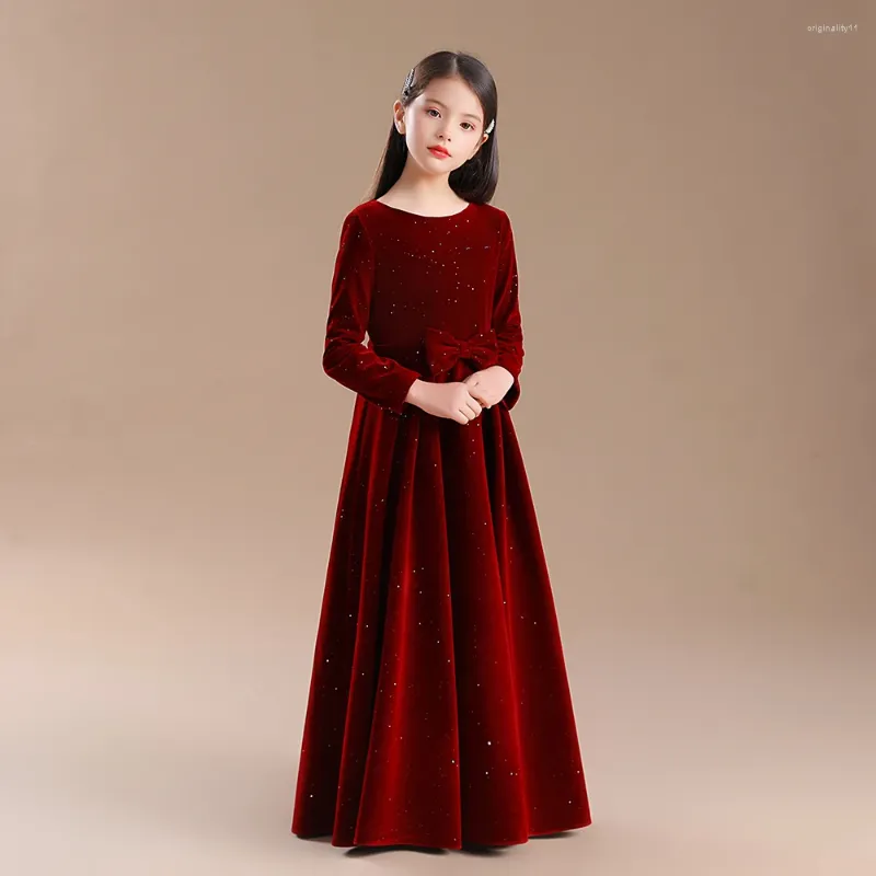 Girl Dresses Elegant Party Dress Velvet Flower For Wedding Long Sleeves Princess Bow Birthday Concert Short Junior Bridesmaid Gown