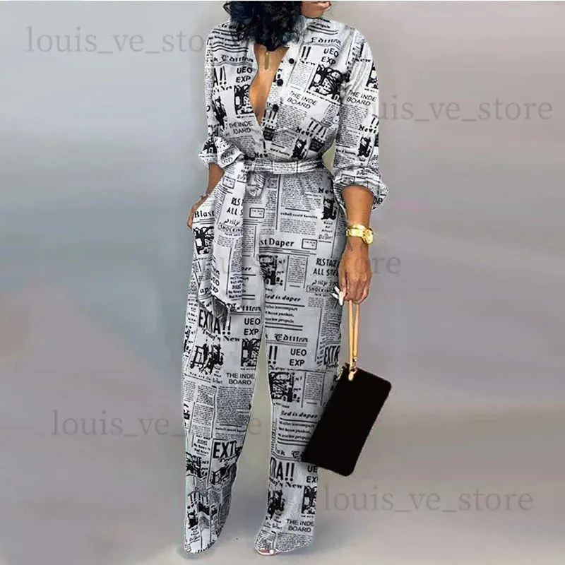 Women's Jumpsuits Rompers Harajuku Fashion Casual Newspaper Print One Piece Pants Loose Lapel Long Sleeve Women's Shirt Pants 2021Plus Size Jumpsuit Women T231202