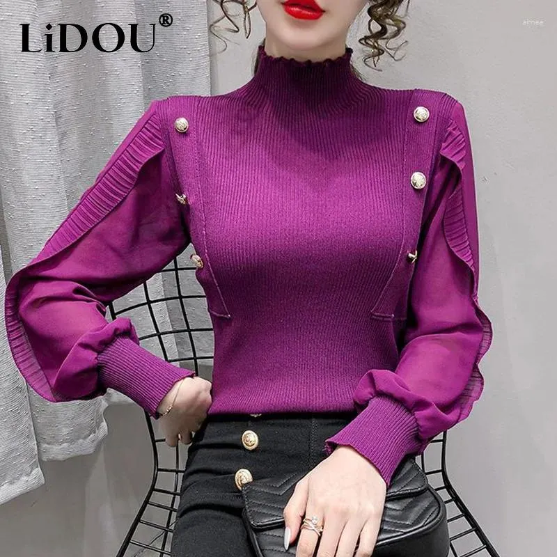 Maglioni da donna 2023 Autunno Inverno Tinta unita Mezza collo alto Maglione a maniche lunghe Donna Slim Button Lace Patchwork All-match Pullover