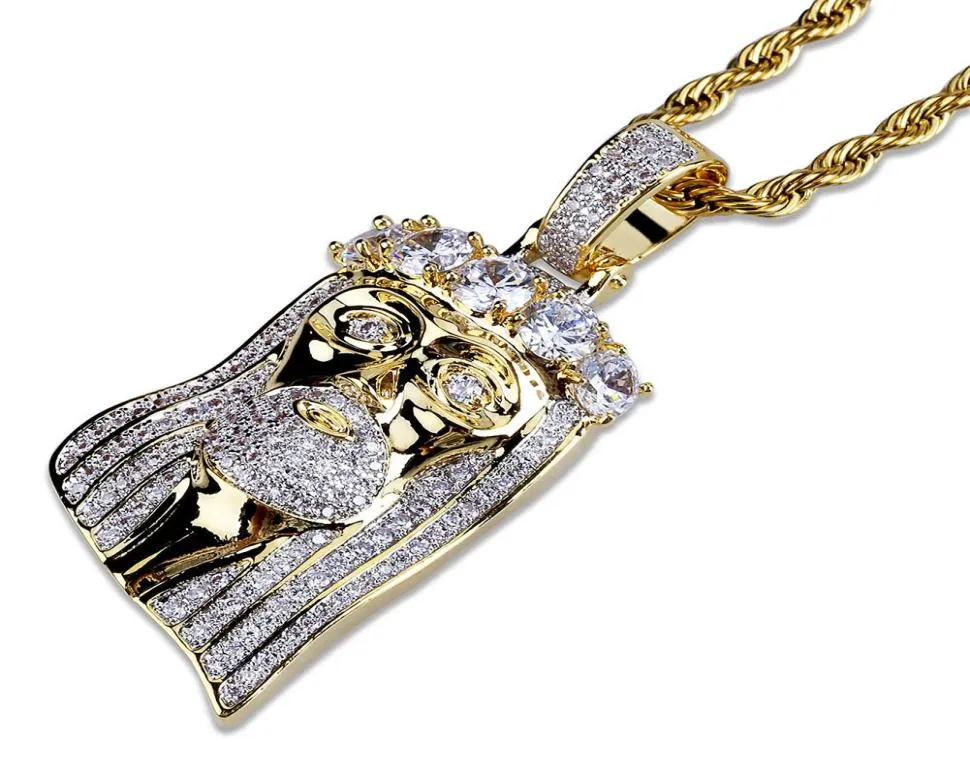 Guldfärgpläterad isad Jesus Face Pendant Necklace Micro Pave Big CZ Stone Hip Hop Halsband för män Women5457100
