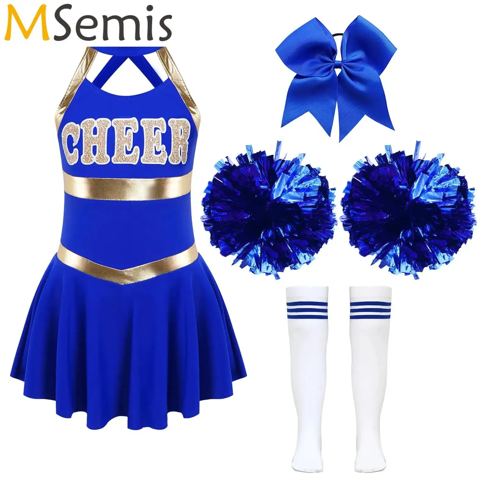 Cheerleading Enfants Filles Cheerleading Uniforme Tenues De Danse Lettre Imprimer Robe De Danse 1 Pc Bowknot Chapeaux 2 Pcs Fleurs À La Main Rayé Tube Chaussettes 231201