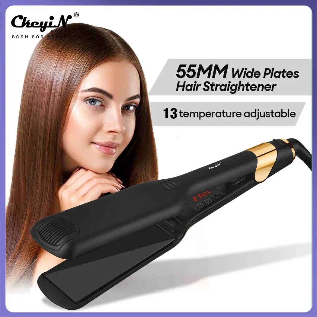 Hair Straighteners CkeyiN 55MM Wide Plate Professional Hair Straightener 3D Floating Ceramic Flat Iron Instant Heating 2 In 1 Curler Styling Tool 231202