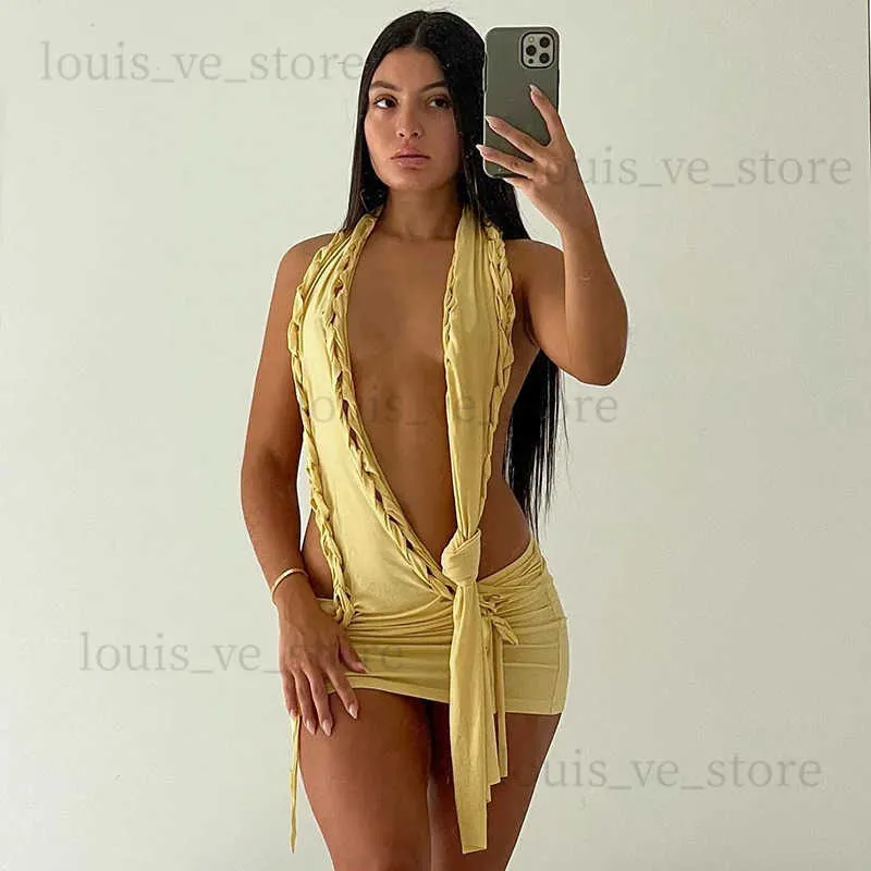 Urban Sexy Dresses Solid Braid spetsar Ribbon Summer Mini Dress Women Sexig Plunge V Neck Halter Backless BodyCon Club Party Dresses Beachwear T231202