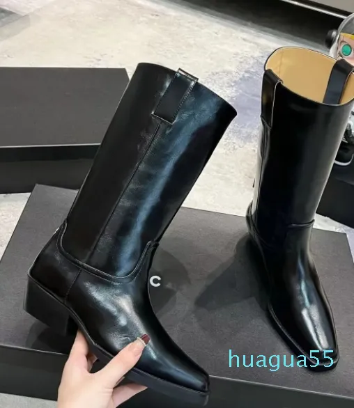 Ny triangelpanelpanelskövlar Knee-High Chunky Block Heel Leather Sole Tall Riding Boot Women's Luxury Designers High Quality Fashion Shoes Fac