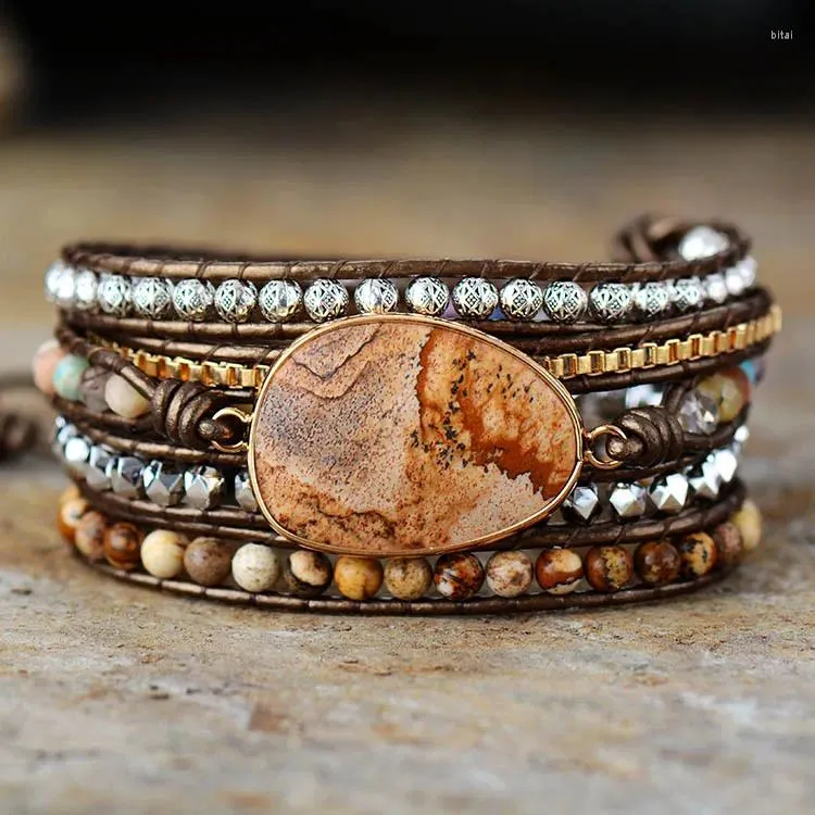 Strand Picture Stone 5 Circles Winding Leather Bracelet Europe And The United States Retro Jewelry Accessories
