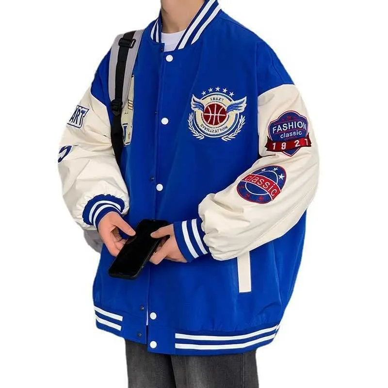 пальто Американская куртка College Wind Бейсбольная одежда с длинным рукавом в уличном стиле Куртка с цветными блоками и буквенным принтом Свободная куртка большого размера