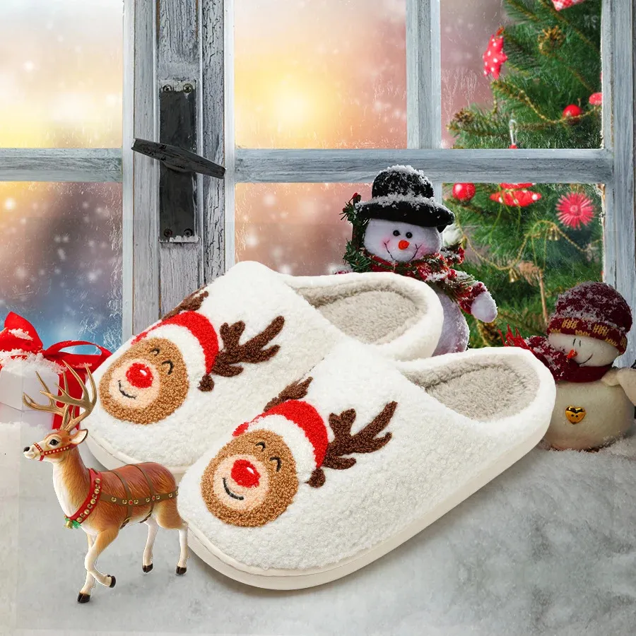 Chinelos de natal rena mulheres pele bonito elk estilo festivo confortável casa plana slipon feliz festa inverno quarto sapatos 231202