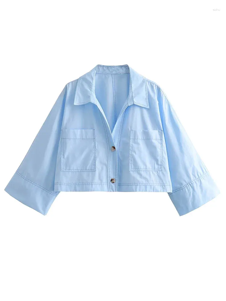 Kvinnors blusar Bazaleas officiella butik Blue Short Summer Chic Lapel Single-Breasted Nine Quarter Pockets Shirt Tops For Women