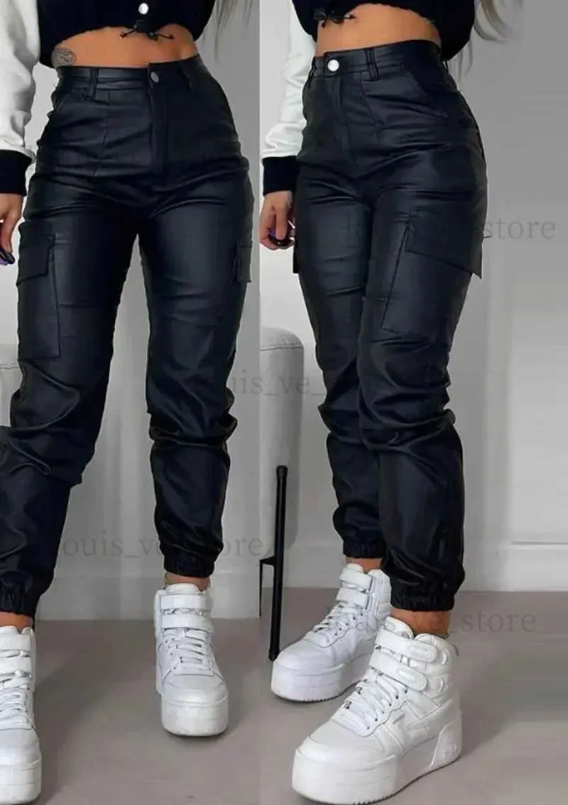 Pantalons Femmes Capris Y2K Vintage Femmes Élégantes Harajuku Streetwear Noir Pantalon Cargo Moto Pu Cuir Taille Haute Harem Jogger Pantalon Vêtements T231202