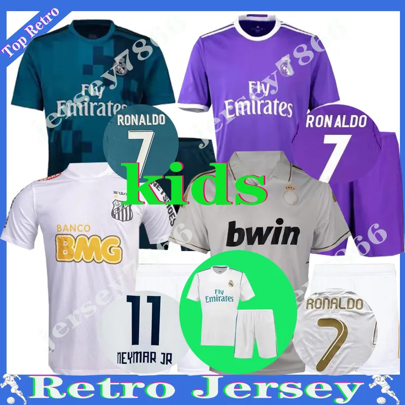 11 12 Real Madrids Santos Kids Retro Futbol Formaları Finalleri Futbol Gömlek Guti Benzema Seedorf Carlos Ronaldo Kaka 16 17 18 Zidane Neymar Jr Raul Vintage Figo Kitleri