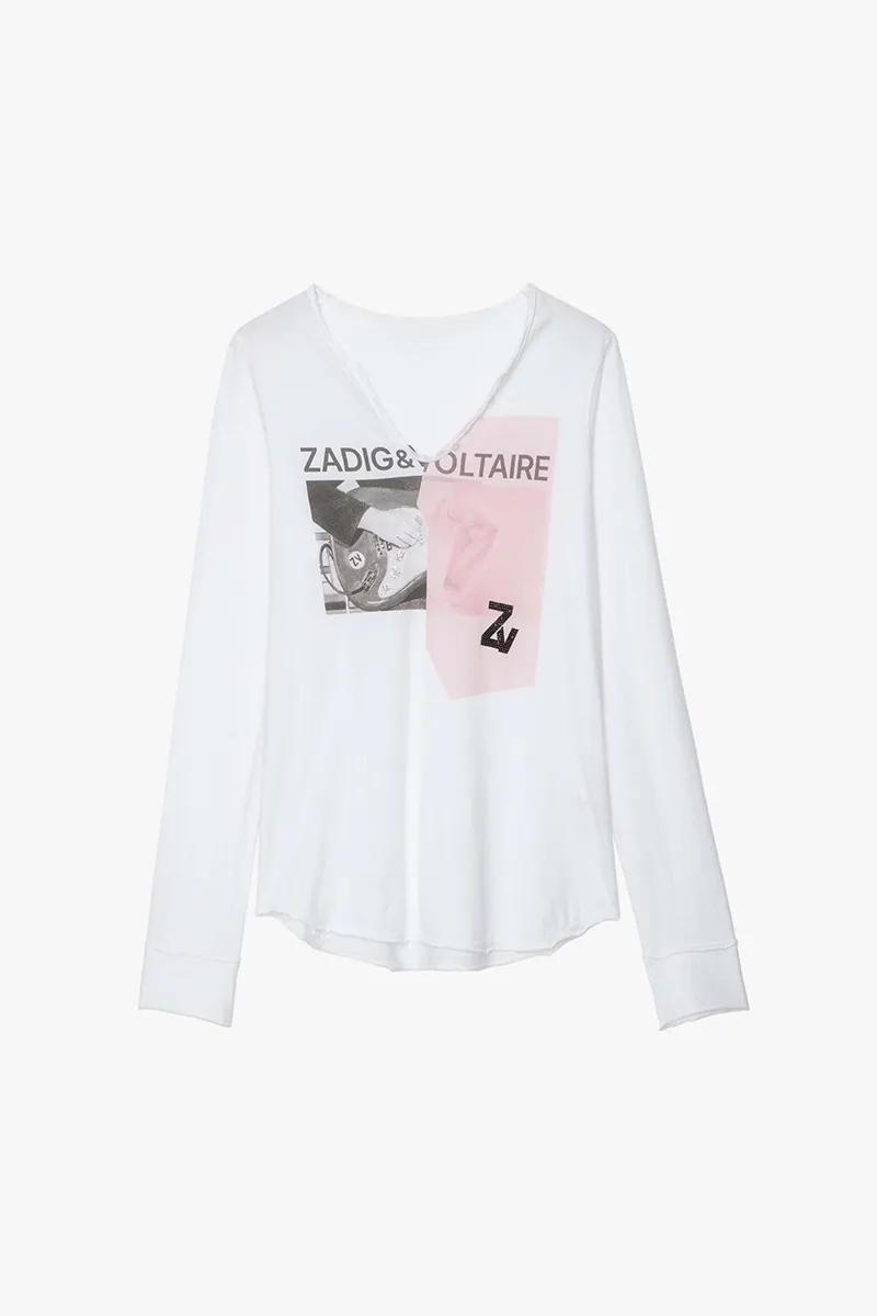 Zadig Voltaire 24SS Yeni Kadın Tasarımcı Pamuk Külot T-Shirt Mektup Gitar Baskı Rhinestones U Boyun Moda Trend Kısa Kollu Çok Yukarıdaki Gevşek Beyaz Tees ZV